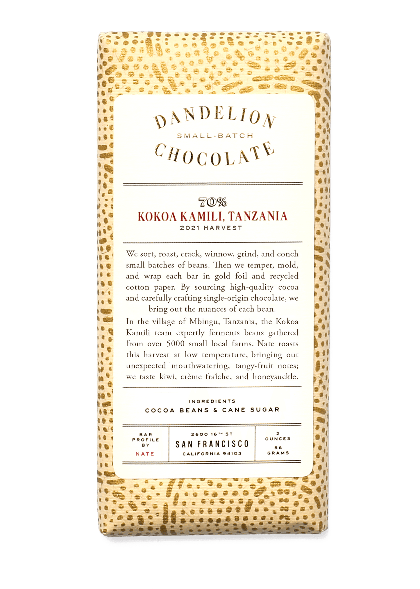 DANDELION CHOCOLATE Kokoa Kamili 70%Tanzania Chocolate Bar