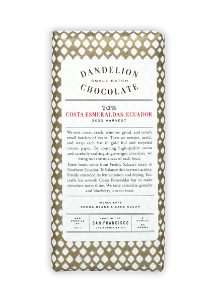 DANDELION CHOCOLATE Costa Esmeraldas 70% Ecuador Chocolate Bar
