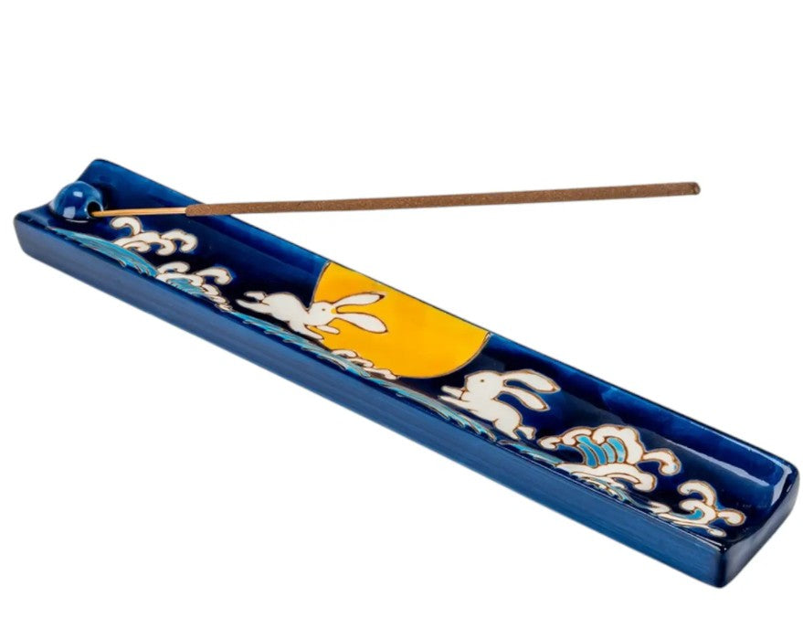 Handpainted Ceramic Incense Holder 9 Inch L Mooon Rabbit
